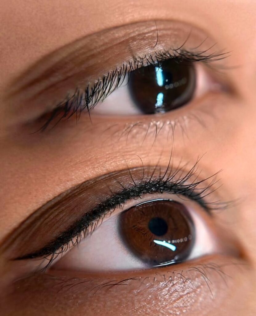 Before and after eyeliner tattoo results with natural lash enhancement